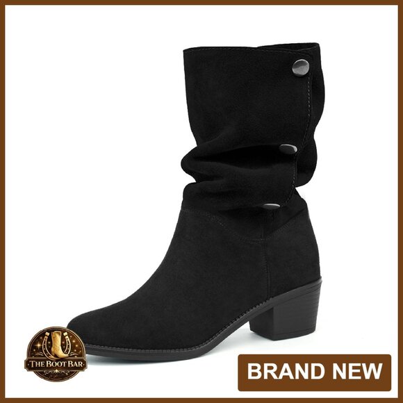 Women's Suede Mid Calf Boots 3-Way Fold Over Chunky Heel Booties